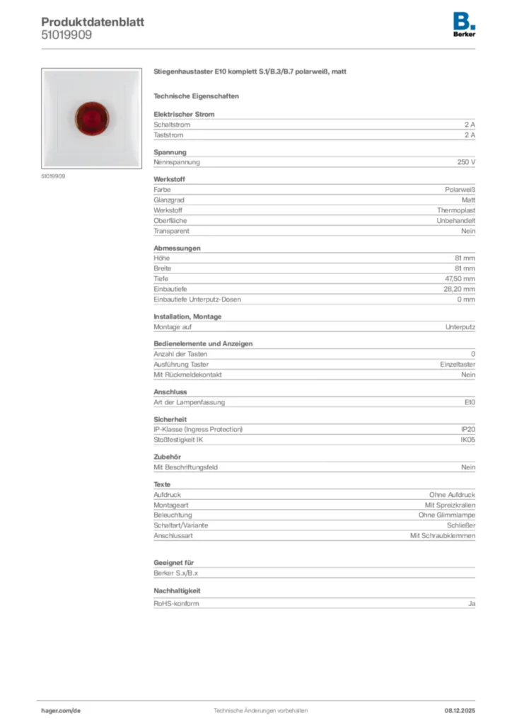 Bild Berker Produktdatenblatt 51019909 | Hager Deutschland