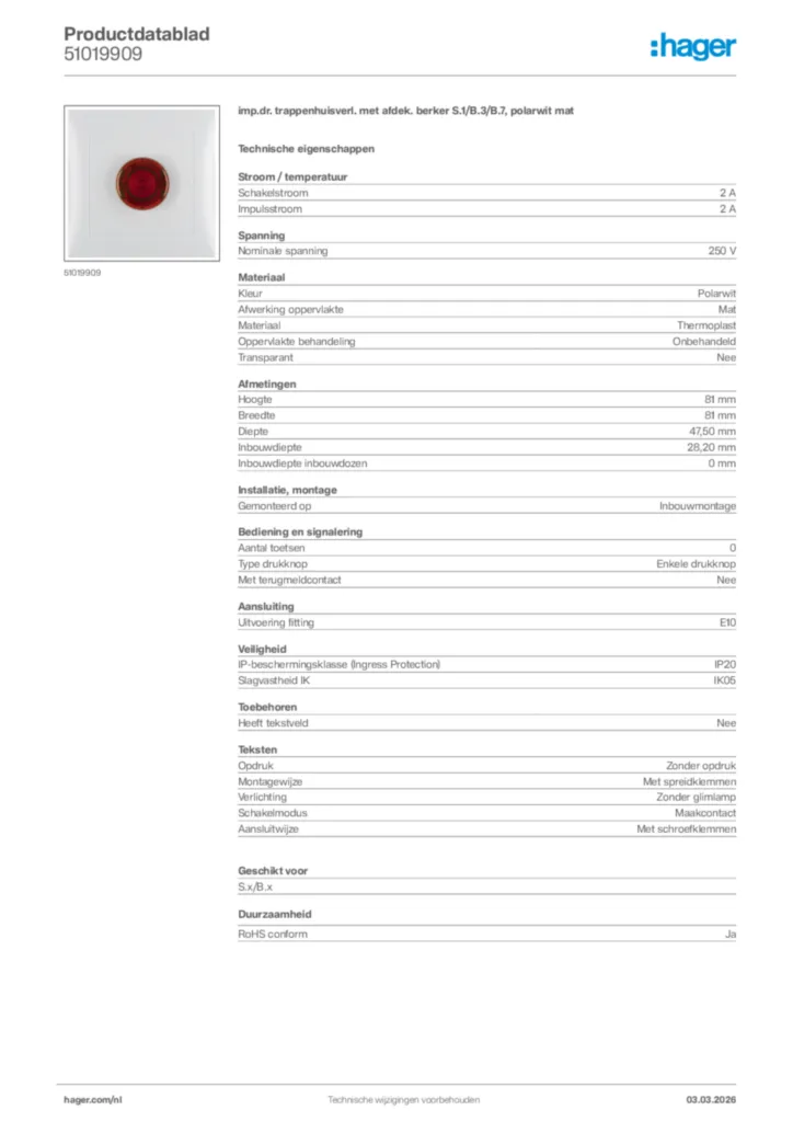 Afbeelding Hager Productdatablad 51019909 | Hager Nederland