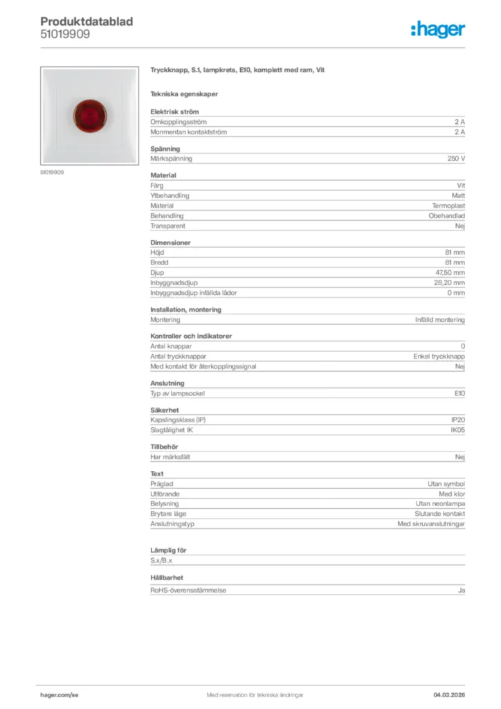 Bild Hager Produktdatablad 51019909 | Hager Sverige