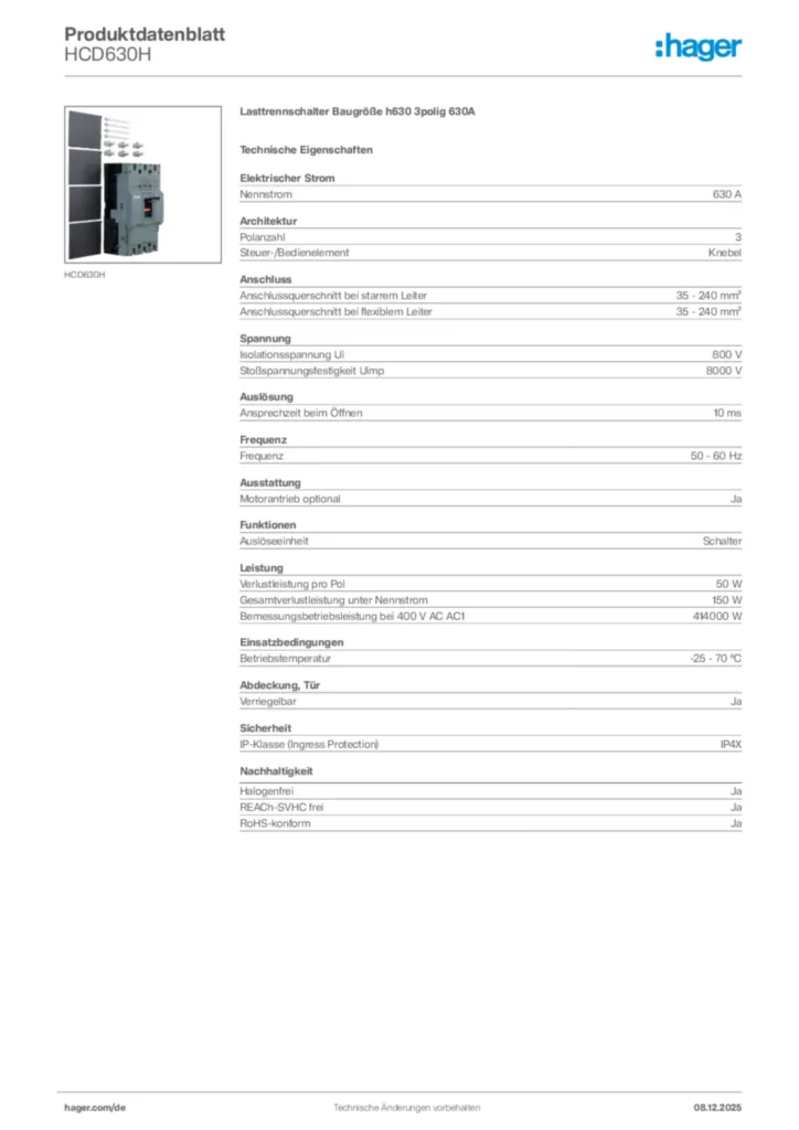 Bild Hager Produktdatenblatt HCD630H | Hager Deutschland