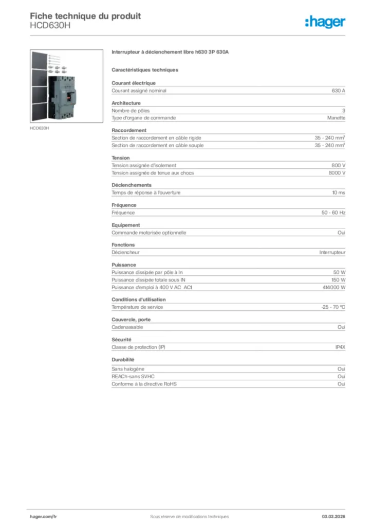 Image Hager Fiche technique du produit HCD630H | Hager France
