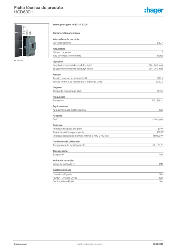 Imagem Hager Ficha técnica do produto HCD630H | Hager Portugal