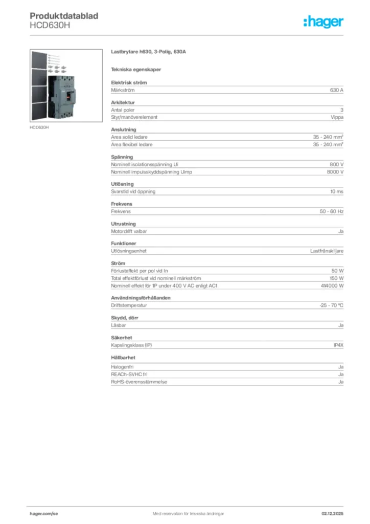 Bild Hager Produktdatablad HCD630H | Hager Sverige