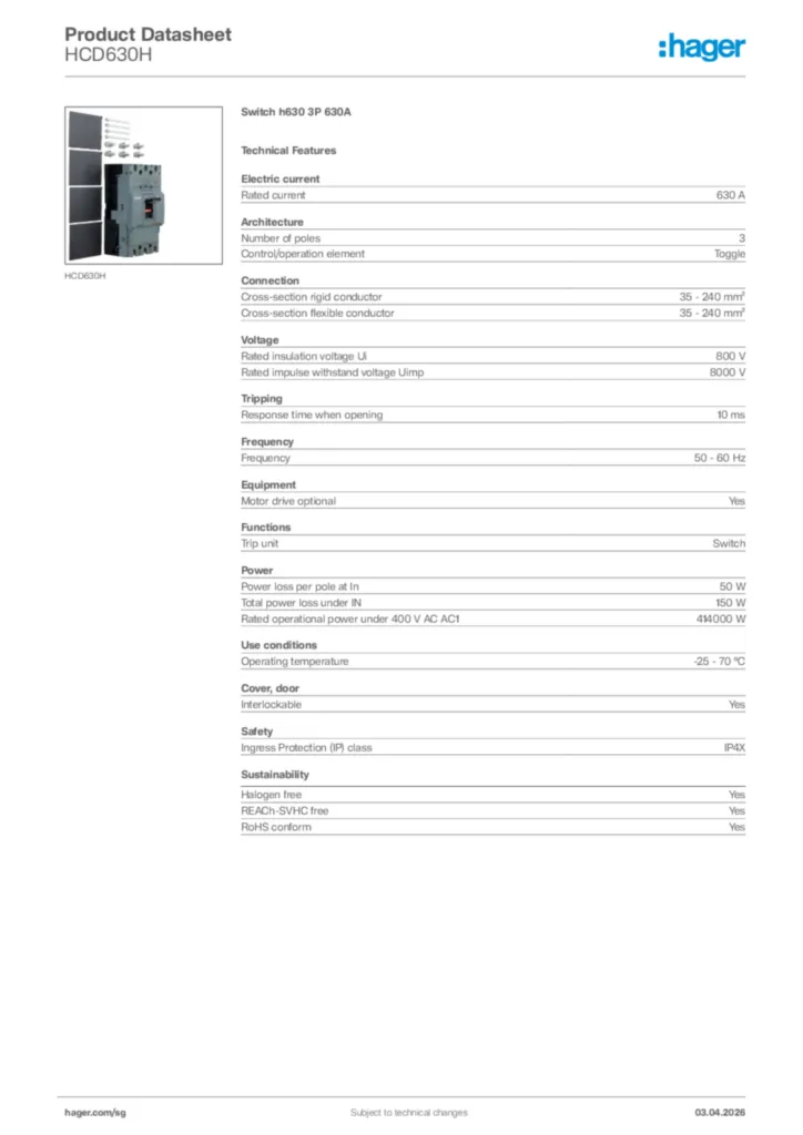 Image Hager Product data sheet HCD630H  | Hager