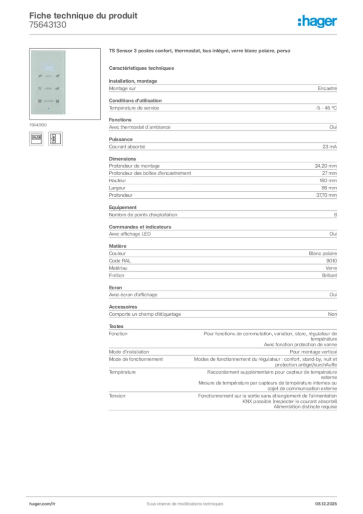 Image Hager Fiche technique du produit 75643130 | Hager France