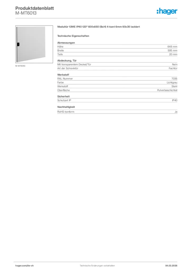 Bild Hager Produktdatenblatt M-MT6013 | Hager Schweiz