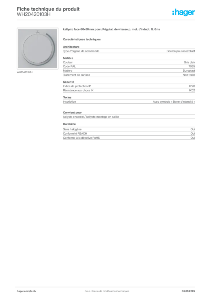 Image Hager Fiche technique du produit WH20420103H | Hager Suisse