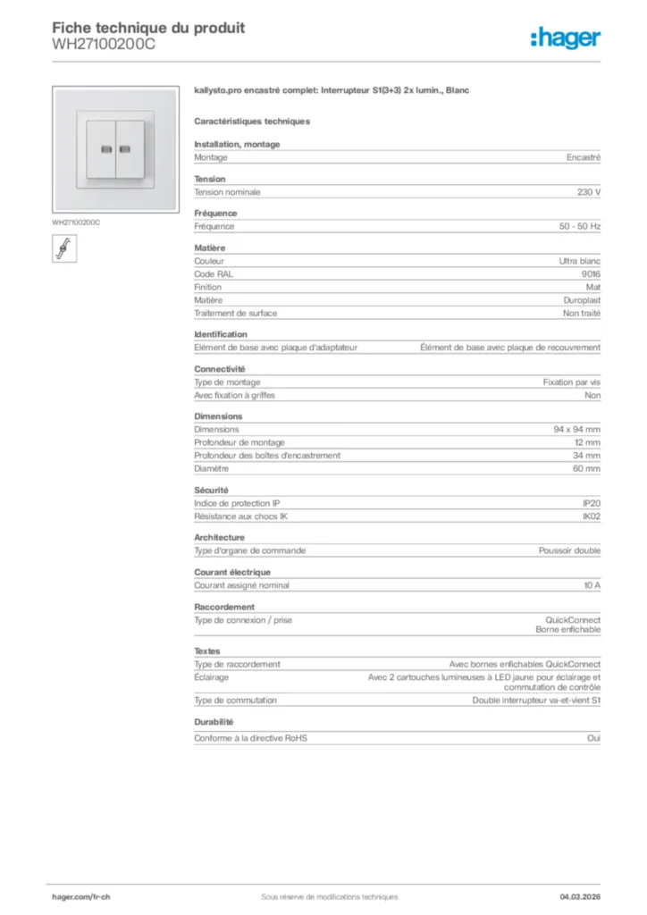 Image Hager Fiche technique du produit WH27100200C | Hager Suisse