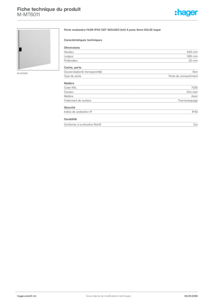 Image Hager Fiche technique du produit M-MT6011 | Hager Suisse