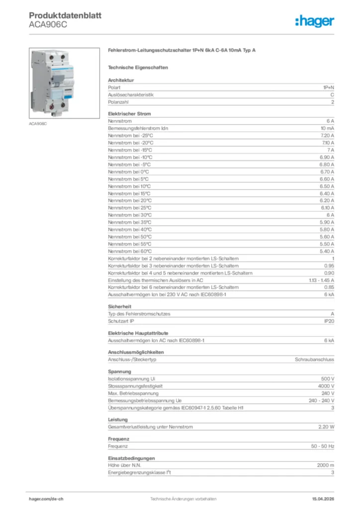 Bild Hager Produktdatenblatt ACA906C | Hager Schweiz