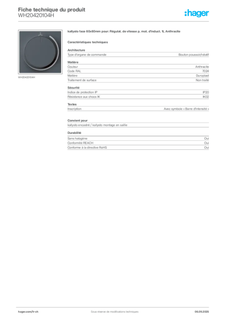 Image Hager Fiche technique du produit WH20420104H | Hager Suisse