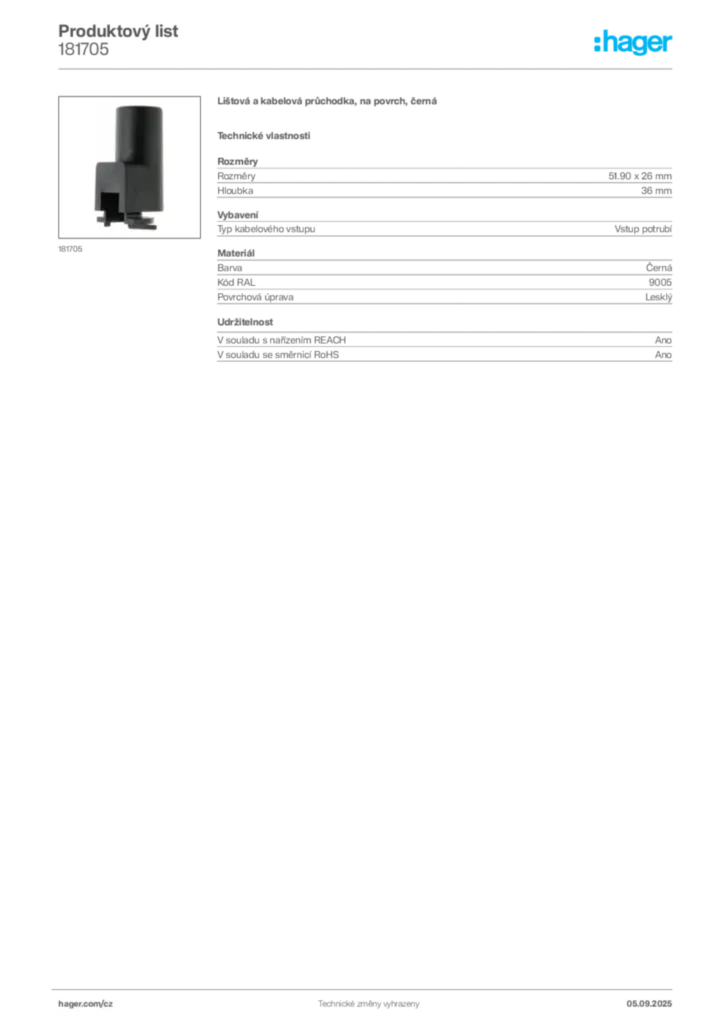 Obrázek Hager Produktový list 181705 | Hager