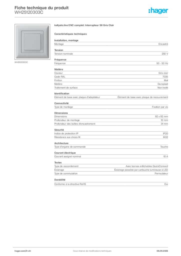 Image Hager Fiche technique du produit WH25120303C | Hager Suisse