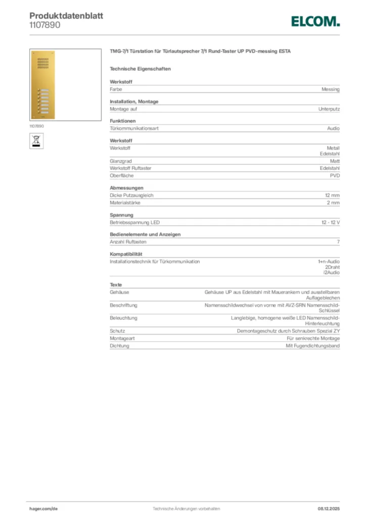 Bild Elcom Produktdatenblatt 1107890 | Hager Deutschland