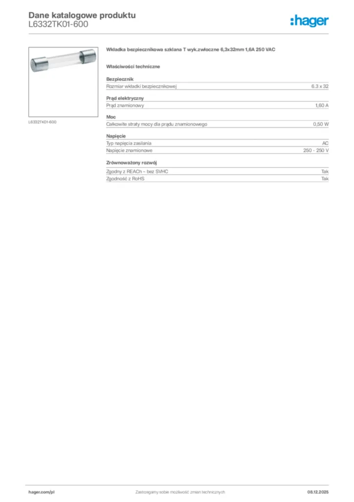 Zdjęcie Hager Karta katalogowa L6332TK01-600 | Hager Polska