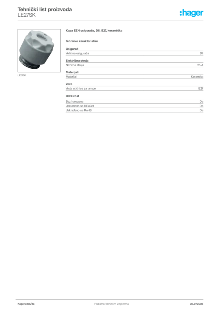 Slika Hager Product data sheet LE27SK  | Hager