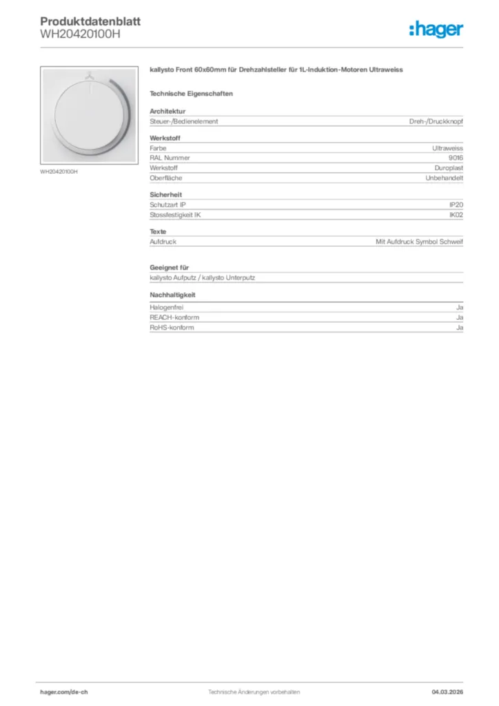 Bild Hager Produktdatenblatt WH20420100H | Hager Schweiz