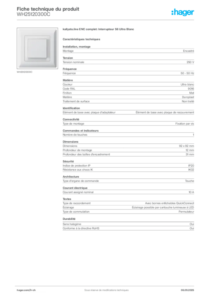 Image Hager Fiche technique du produit WH25120300C | Hager Suisse