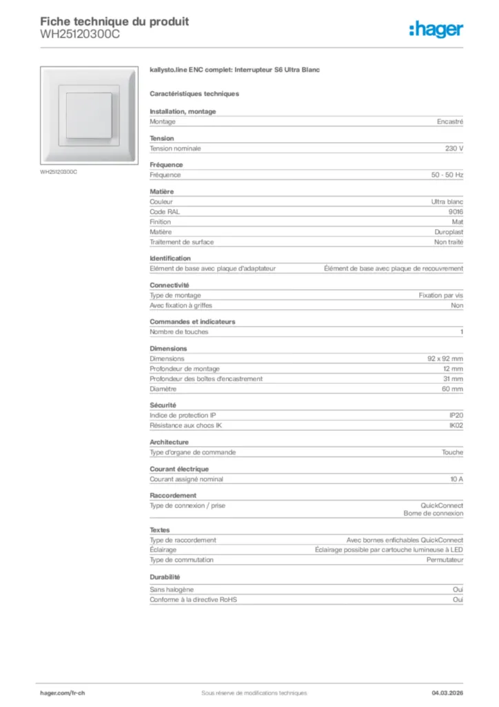 Image Hager Fiche technique du produit WH25120300C | Hager Suisse