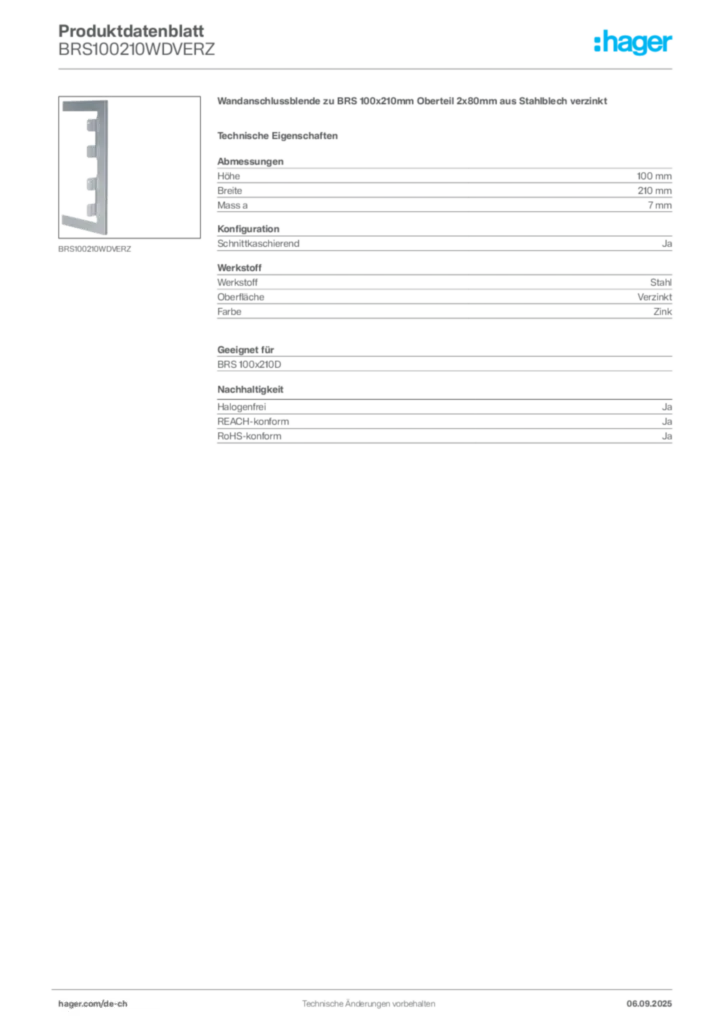 Bild Hager Produktdatenblatt BRS100210WDVERZ | Hager Schweiz
