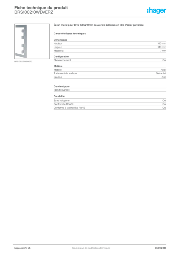 Image Hager Fiche technique du produit BRS100210WDVERZ | Hager Suisse