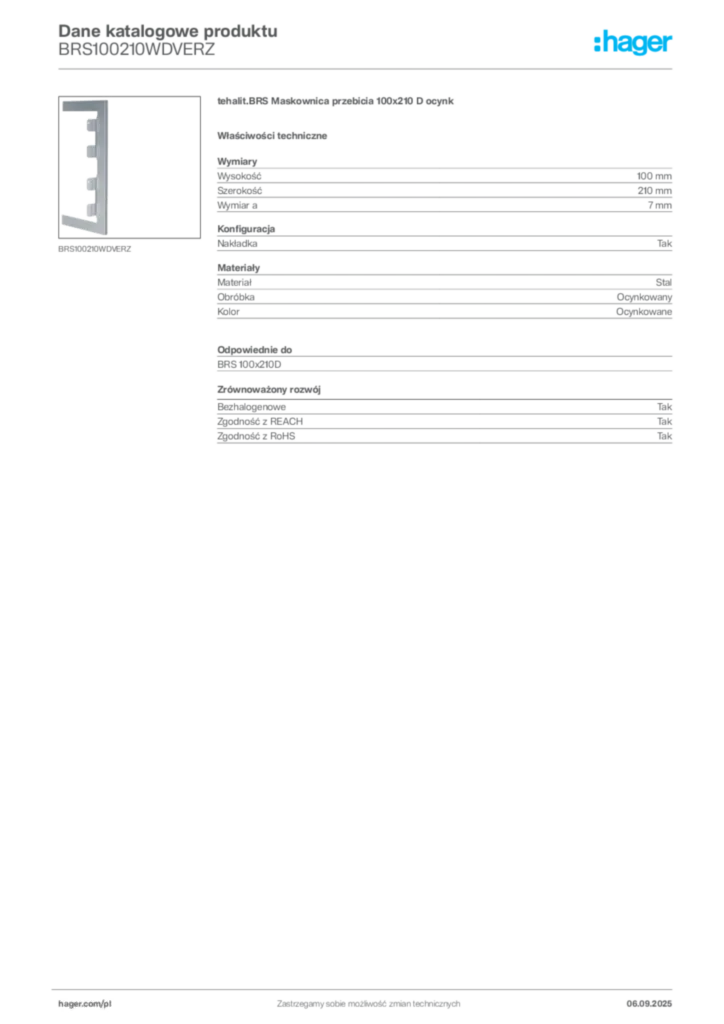 Zdjęcie Hager Dane katalogowe produktu BRS100210WDVERZ | Hager Polska