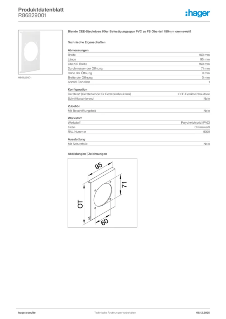Bild Hager Produktdatenblatt R86829001 | Hager Deutschland