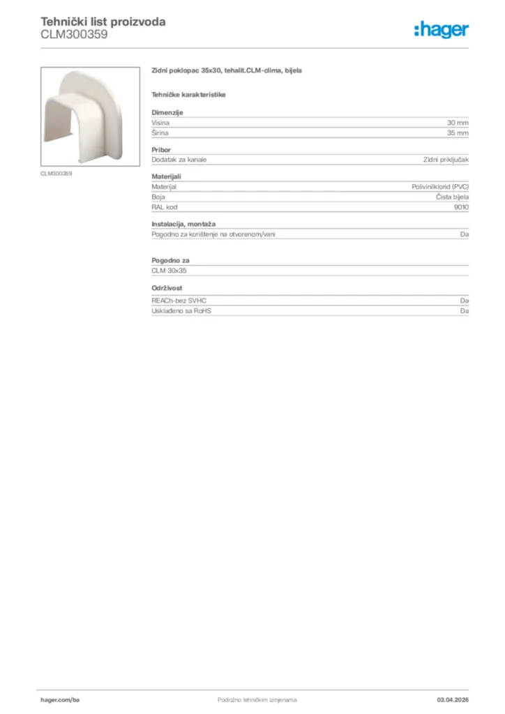 Slika Hager Tehnički list proizvoda CLM300359  | Hager