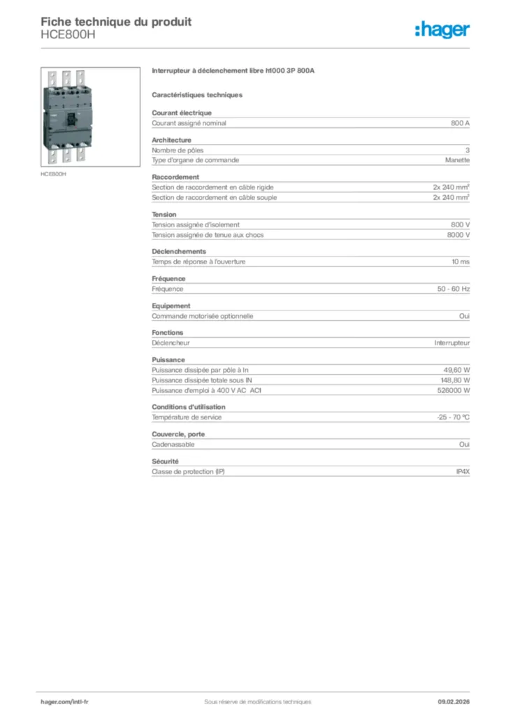 Image Hager Fiche technique du produit HCE800H | Hager Afrique