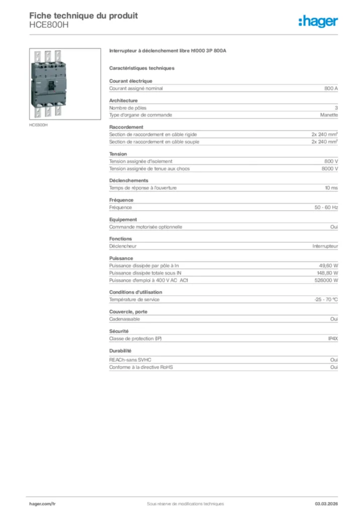 Image Hager Fiche technique du produit HCE800H | Hager France