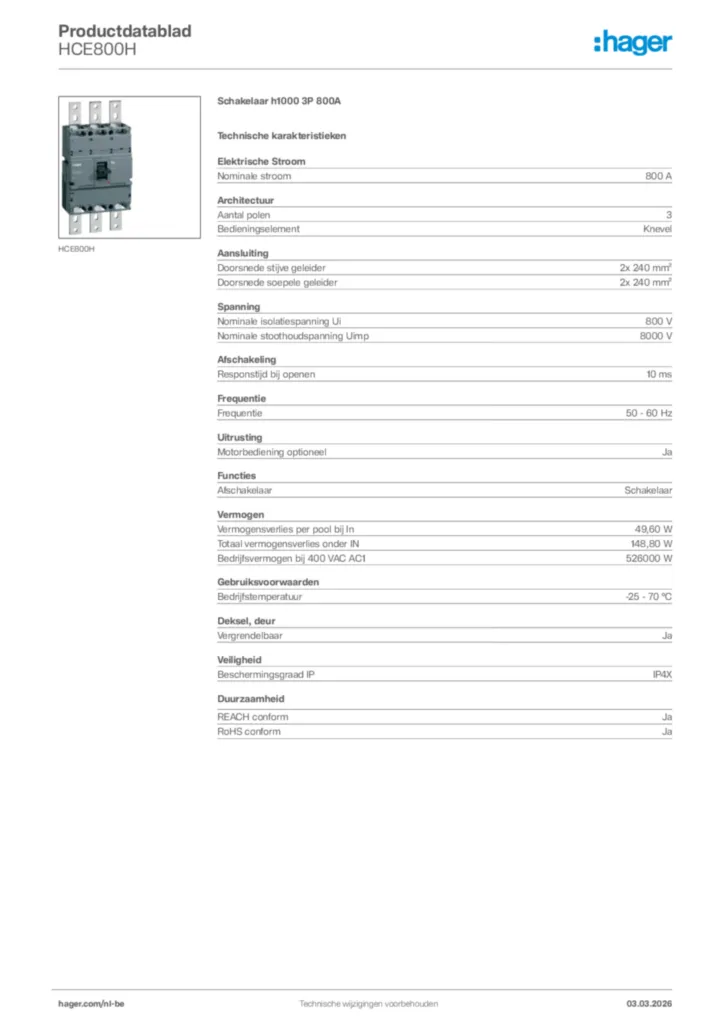 Afbeelding Hager Productdatablad HCE800H | Hager Belgium