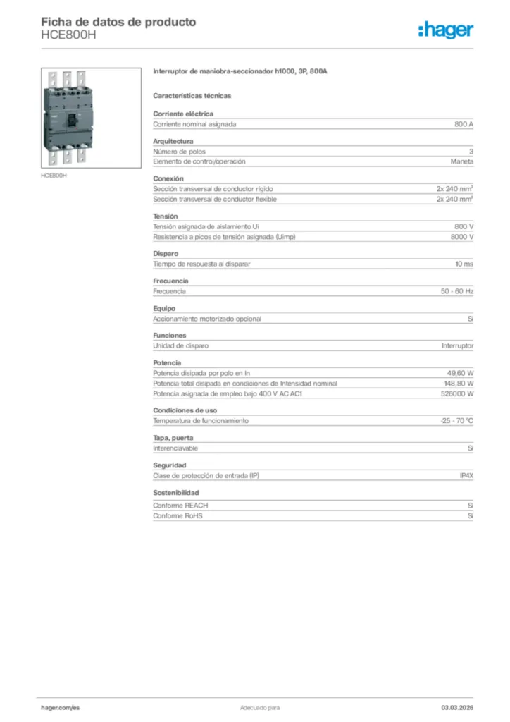 Imagen Hager Ficha de datos de producto HCE800H | Hager España