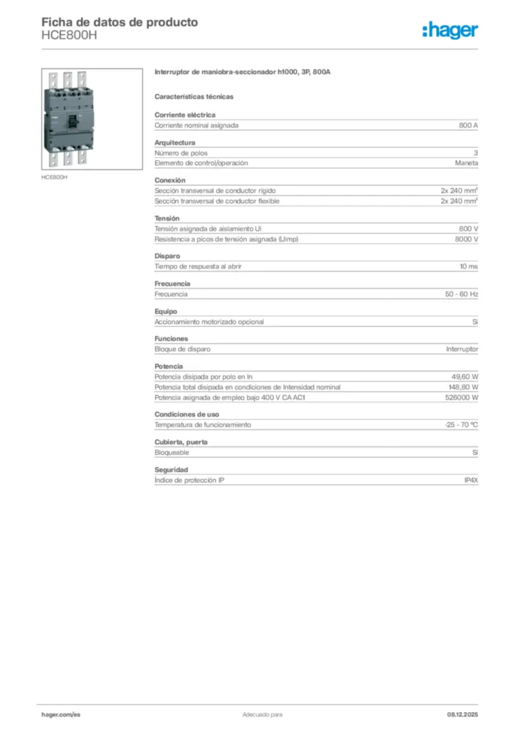 Imagen Hager Ficha de datos de producto HCE800H | Hager España