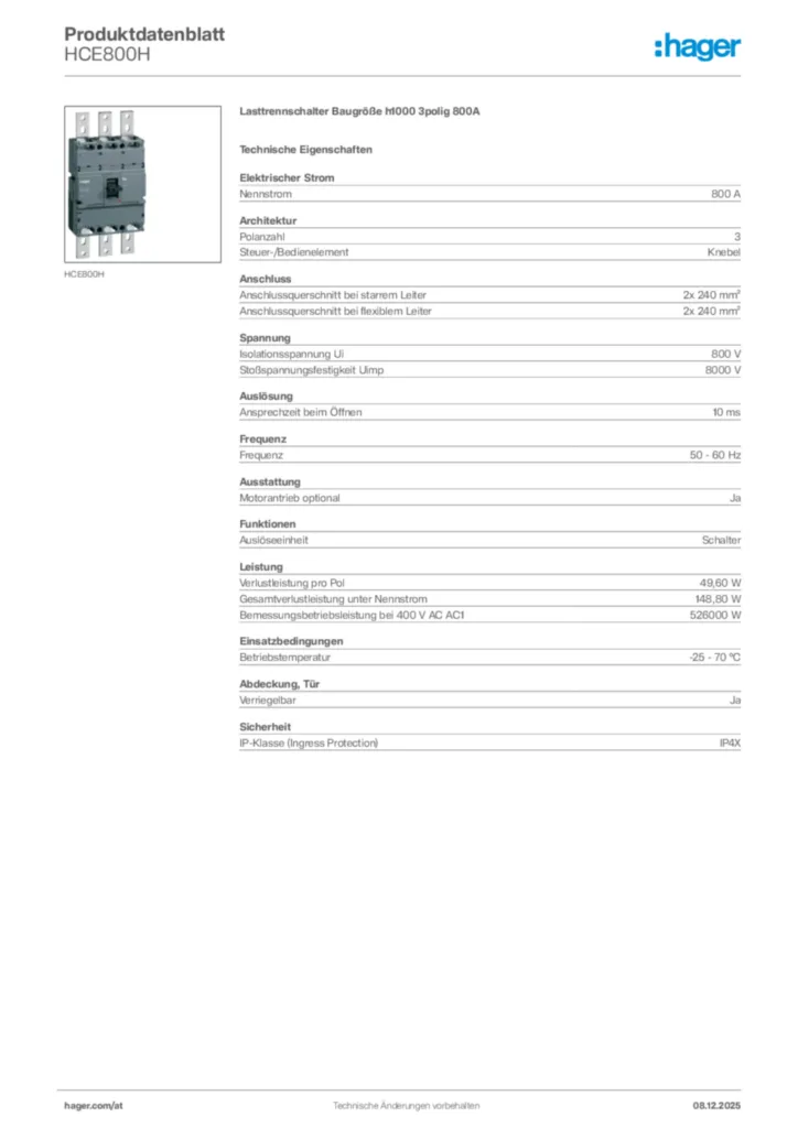 Bild Hager Produktdatenblatt HCE800H | Hager Deutschland