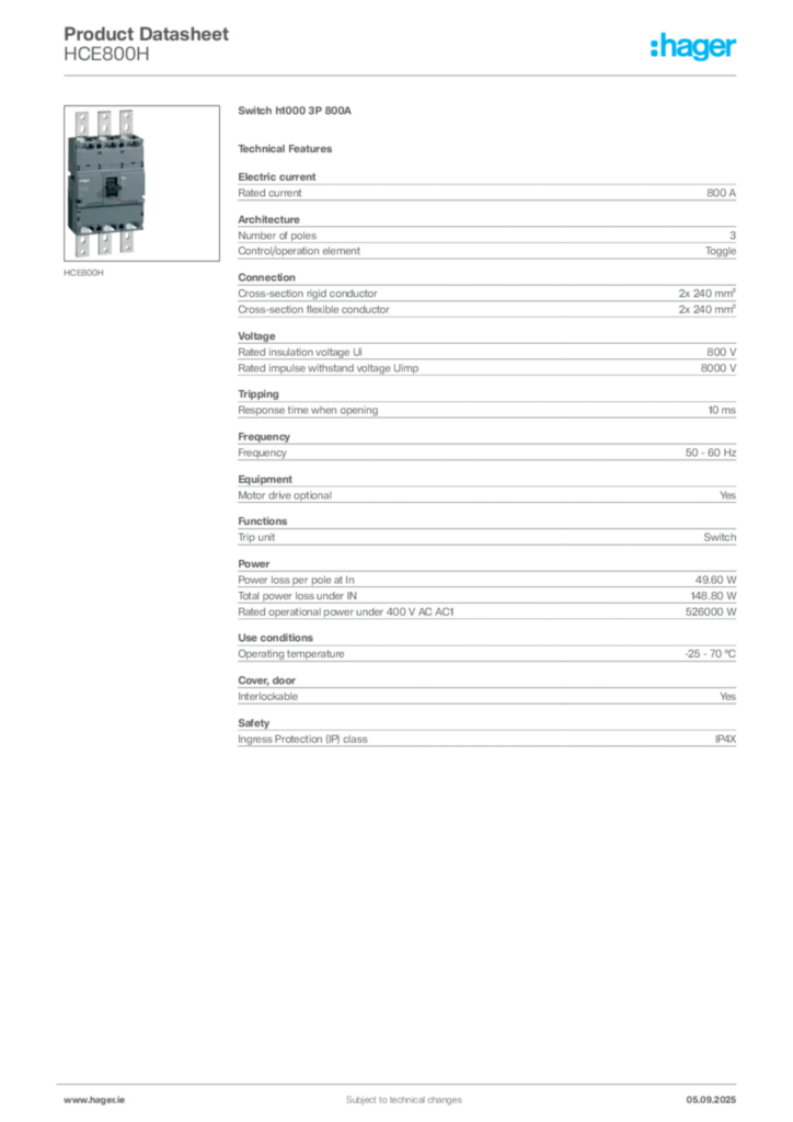 Image Hager Product data sheet HCE800H  | Hager