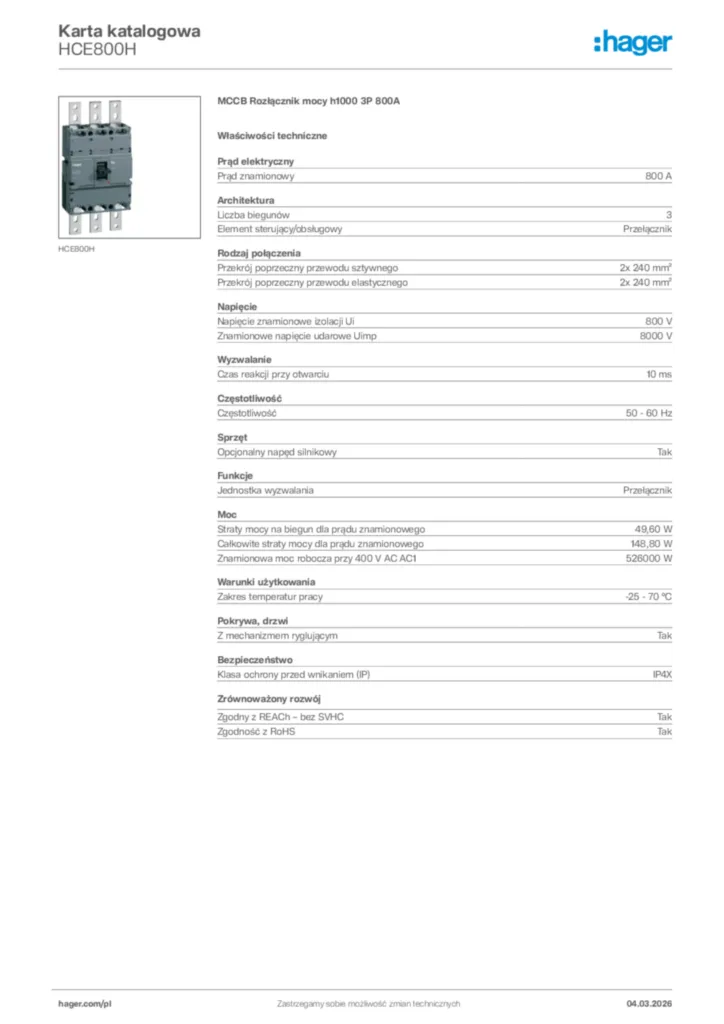 Zdjęcie Hager Karta katalogowa HCE800H | Hager Polska