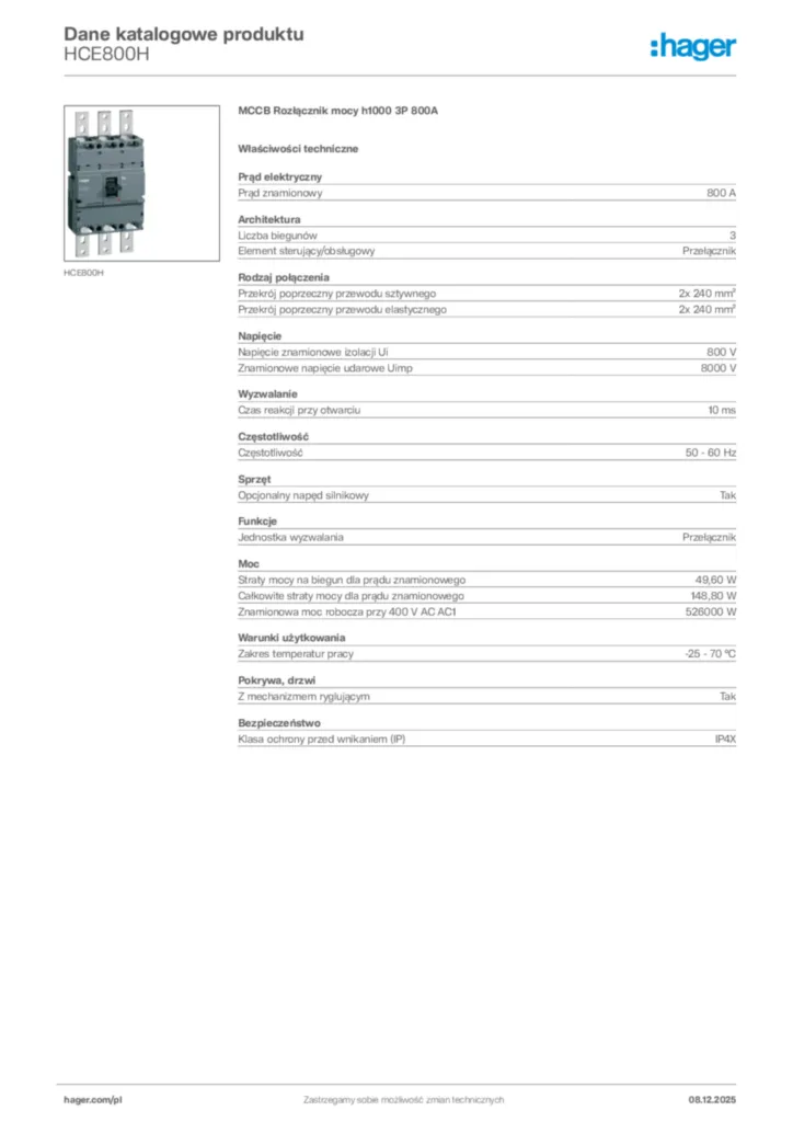 Zdjęcie Hager Karta katalogowa HCE800H | Hager Polska