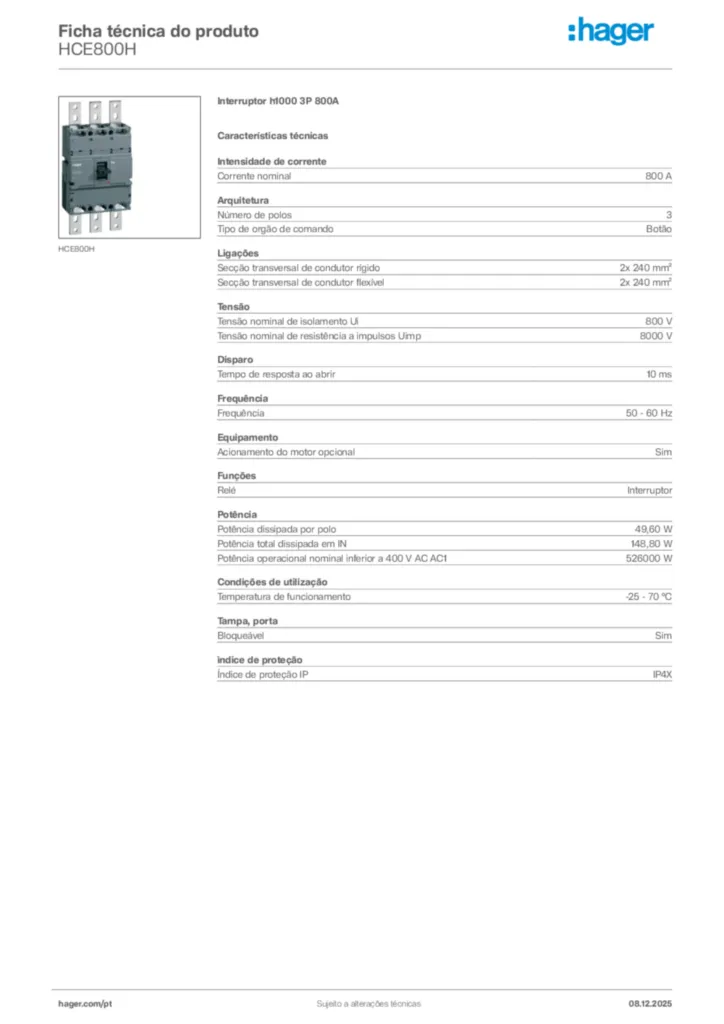Imagem Hager Ficha técnica do produto HCE800H | Hager Portugal