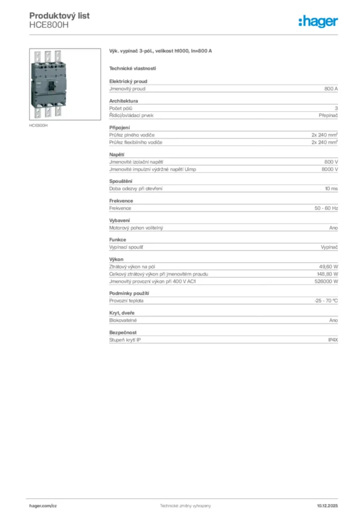 Obrázek Hager Produktový list HCE800H | Hager