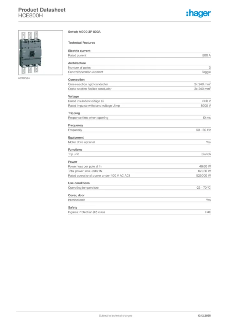 Image Hager Product data sheet HCE800H  | Hager