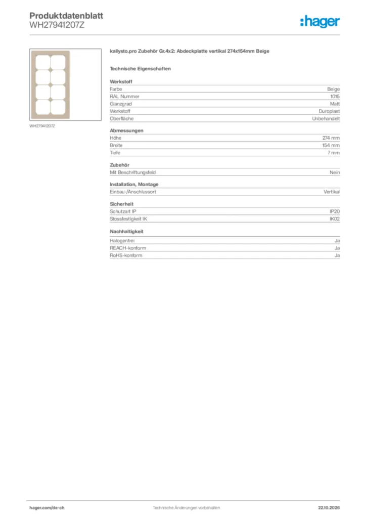 Bild Hager Produktdatenblatt WH27941207Z | Hager Schweiz