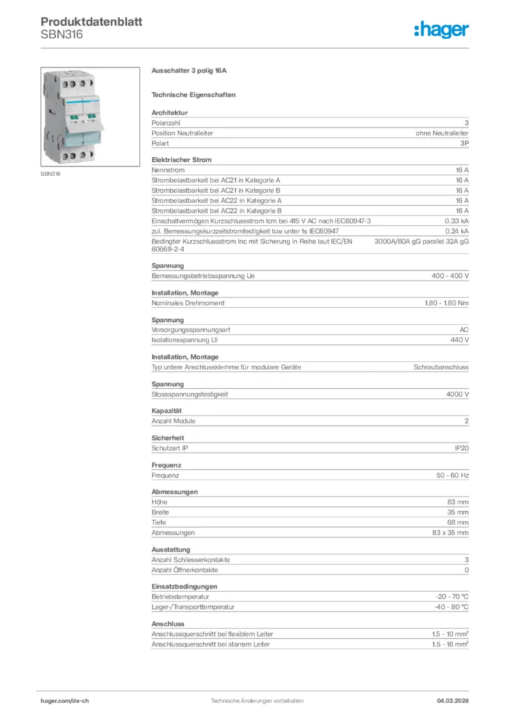 Bild Hager Produktdatenblatt SBN316 | Hager Schweiz
