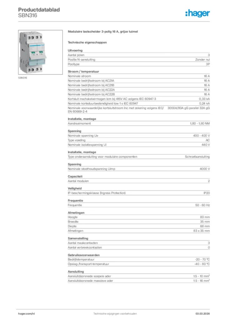 Afbeelding Hager Productdatablad SBN316 | Hager Nederland