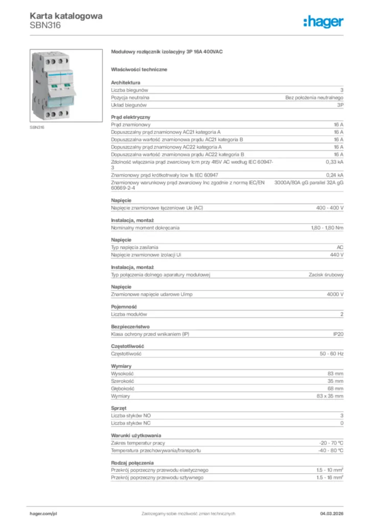 Zdjęcie Hager Karta katalogowa SBN316 | Hager Polska