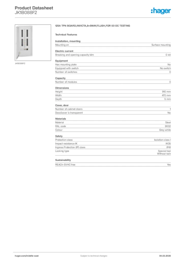 Image Hager Product data sheet JK1B088F2  | Hager