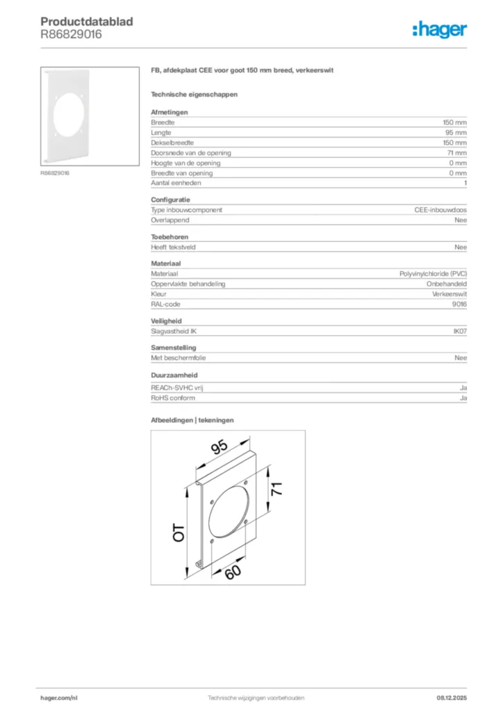 Afbeelding Hager Productdatablad R86829016 | Hager Nederland