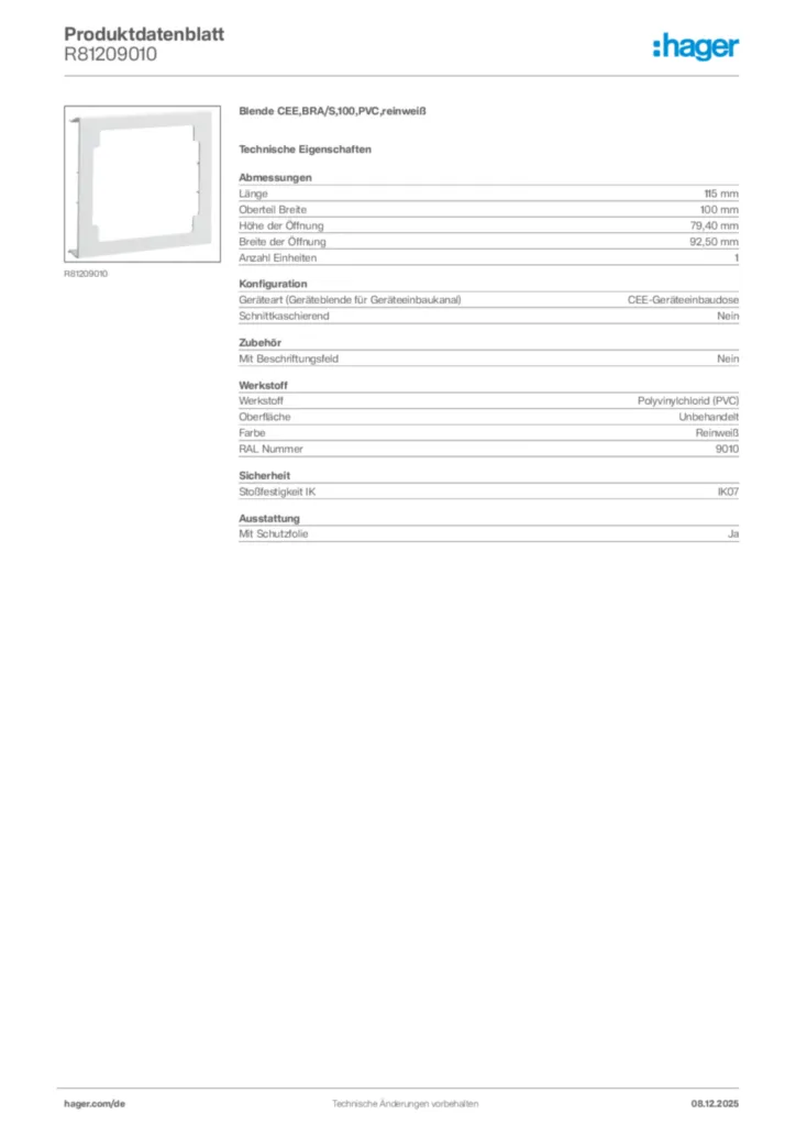 Bild Hager Produktdatenblatt R81209010 | Hager Deutschland