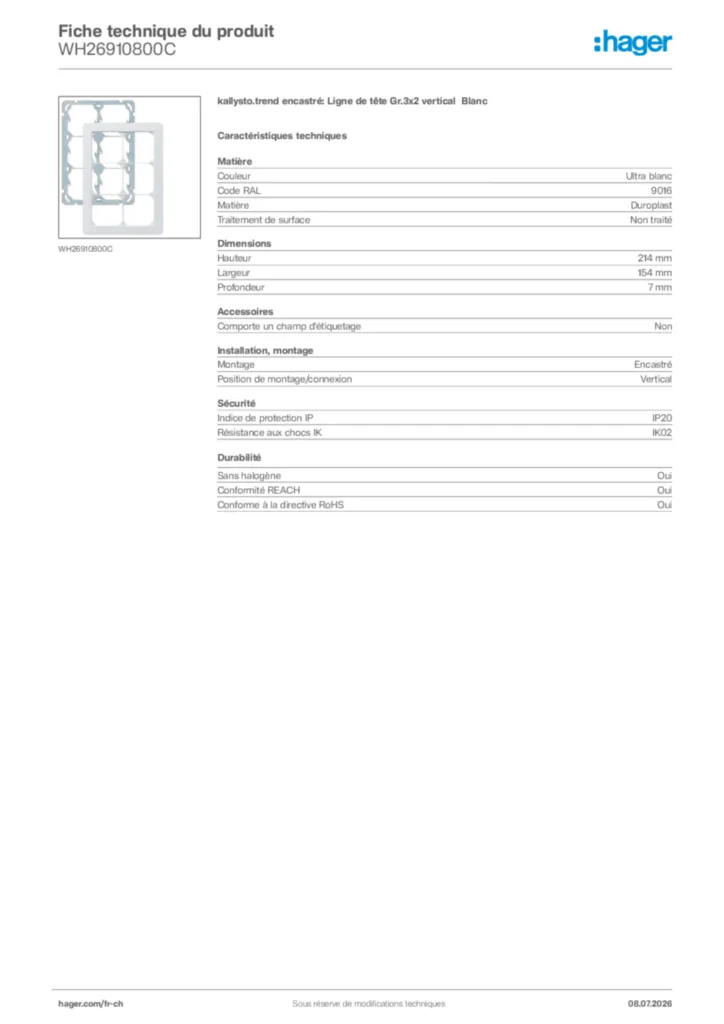 Image Hager Fiche technique du produit WH26910800C | Hager Suisse