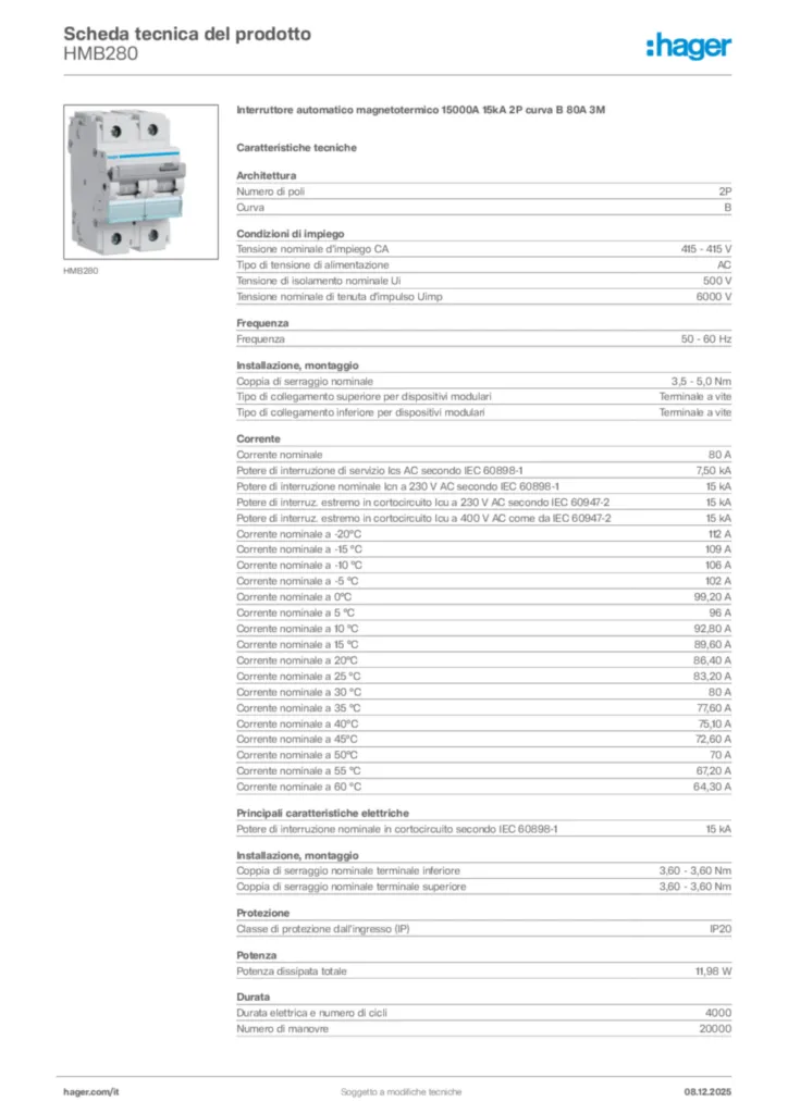 Immagine Hager Scheda tecnica del prodotto HMB280 | Hager Italia