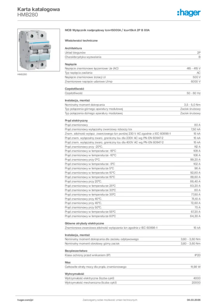 Zdjęcie Hager Karta katalogowa HMB280 | Hager Polska